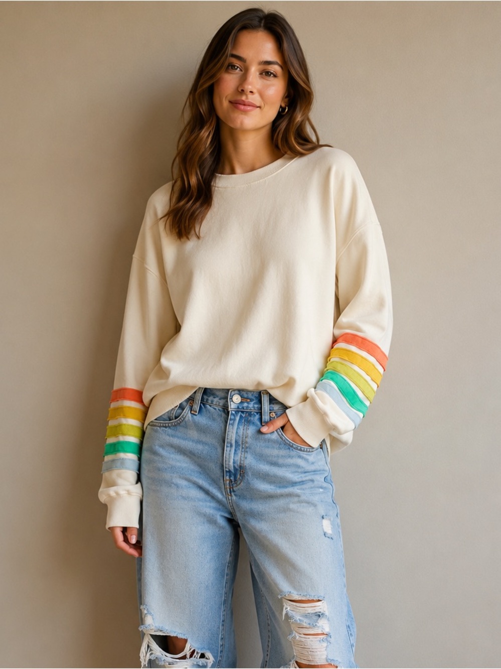 By Together Stripe Sleeve Sweatshirt in 100% Cotton - Oversized